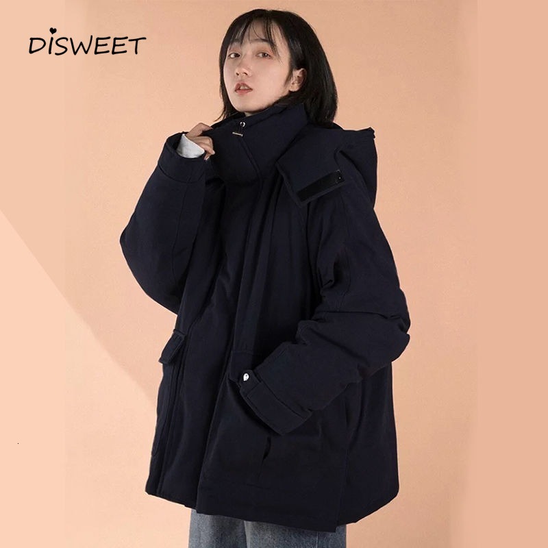 

down Winter Warm Woman College Style Hooded Solid Padded Jacket Ladies Simplicity Slim Loose Women's Parkas, Black
