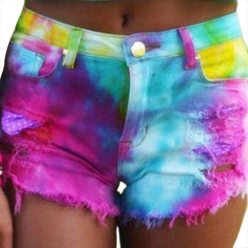 

summer casual ripped women jean denim shorts rainbow color printed pocket jeans, Blue