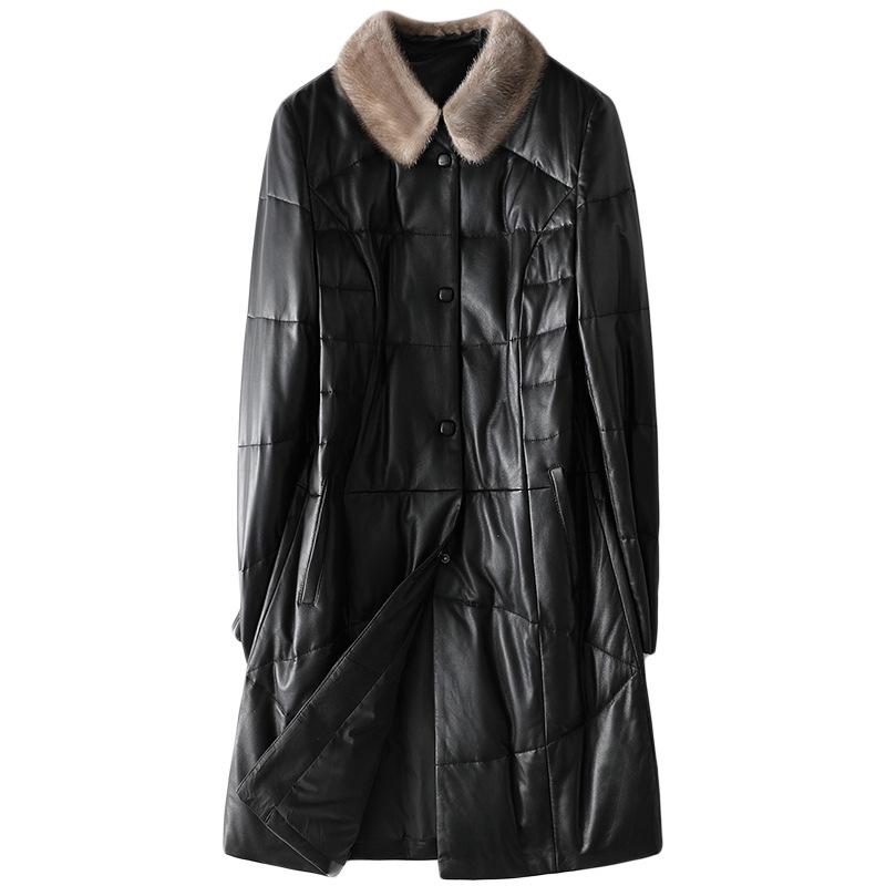 

Women's Leather & Faux Winter Parkas Classic Black Collar Down Jacket Autumn Sheepskin Genuine Coat For Women Casual Loose Jackets