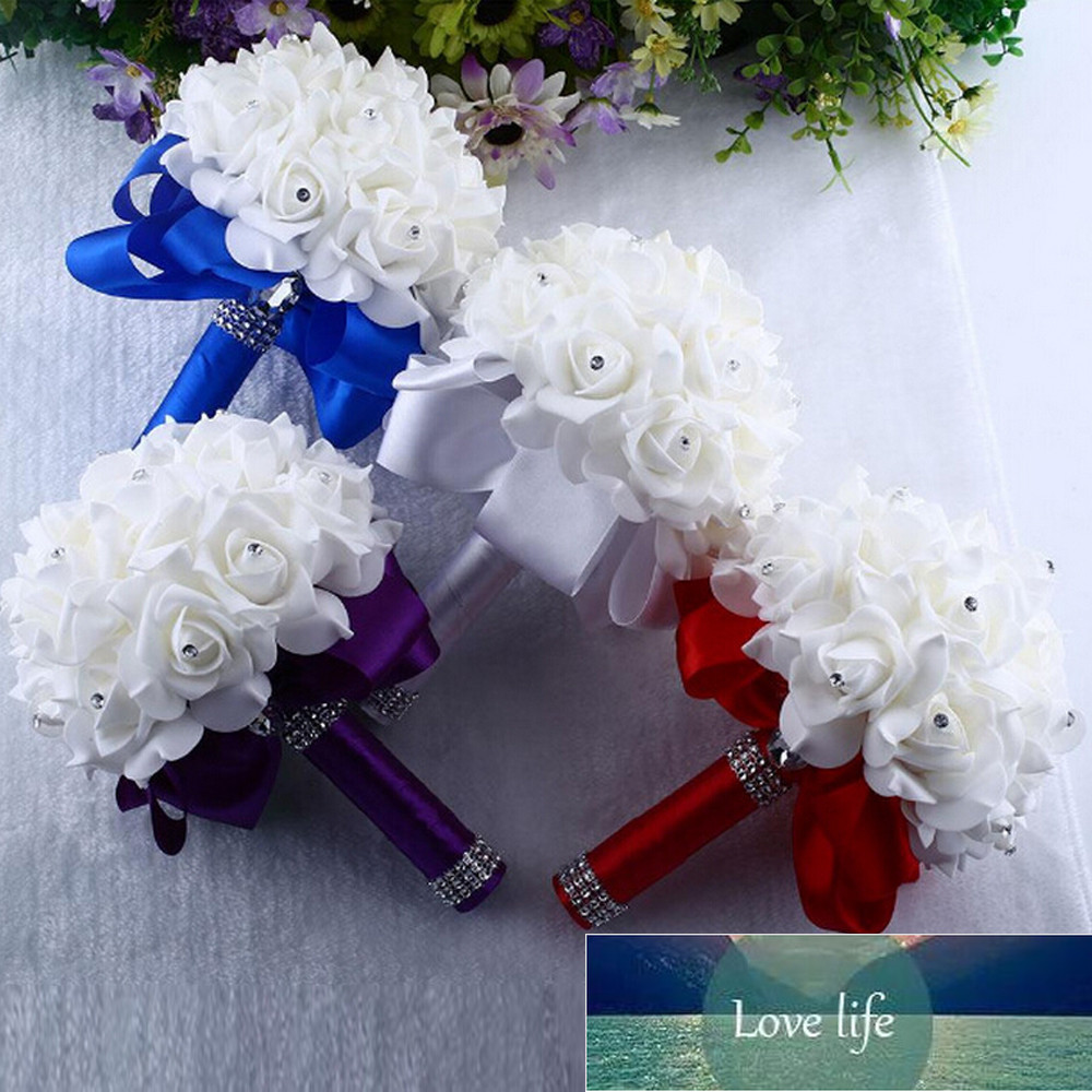 

Beautiful White Crystal Roses Pearl Bridesmaid Purple Royal Blue Wedding Bouquet Bridal Artificial Silk Flower Bouquet