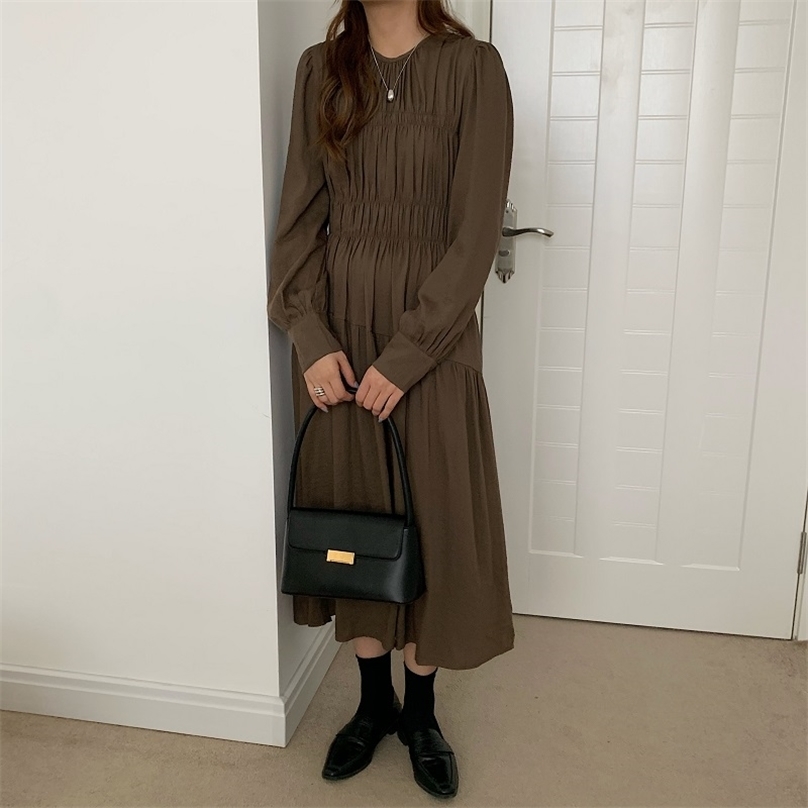 

Autumn Dress Women Vintage Korean Style Elegant Minimalist Long Sleeve Solid Dresses Female Vestidos 210525, Black