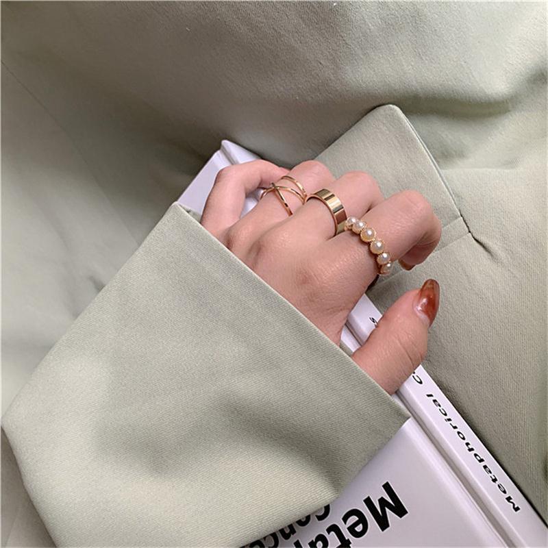 Wedding Rings Fashion Sets For Women Pearls Female Temperament Simple Compact All-match Pearl Geometric Ring Accessories-image-710278674