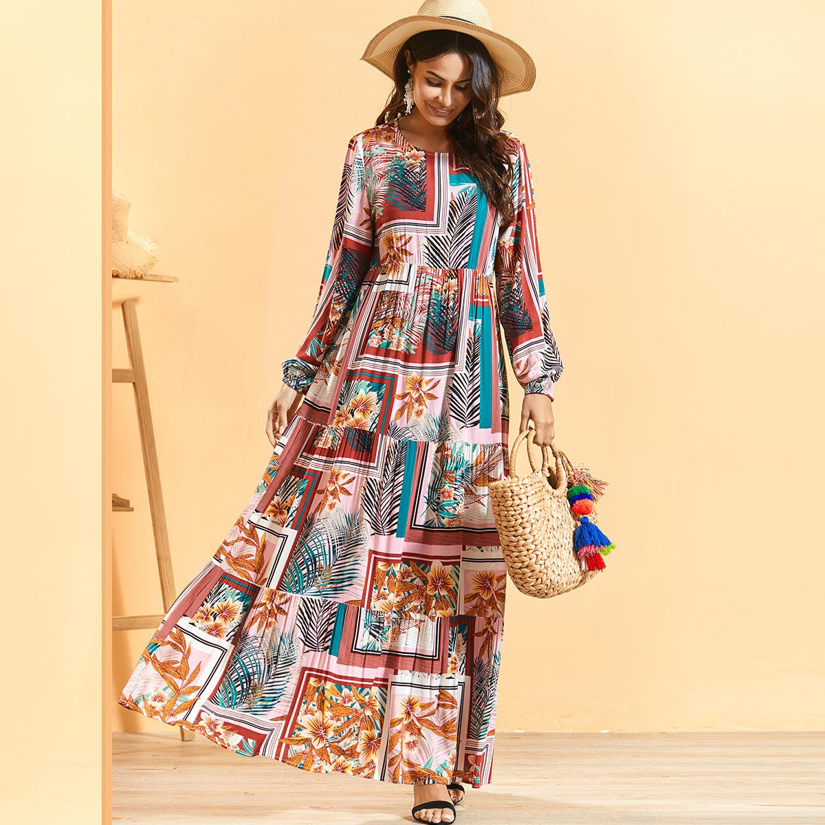 

Elegant Print Muslim Dress Women Summer Boho Pleated Vestidos Moroccan Kaftan Islamic Clothing Eid Turkey Dubai Musulman abaya