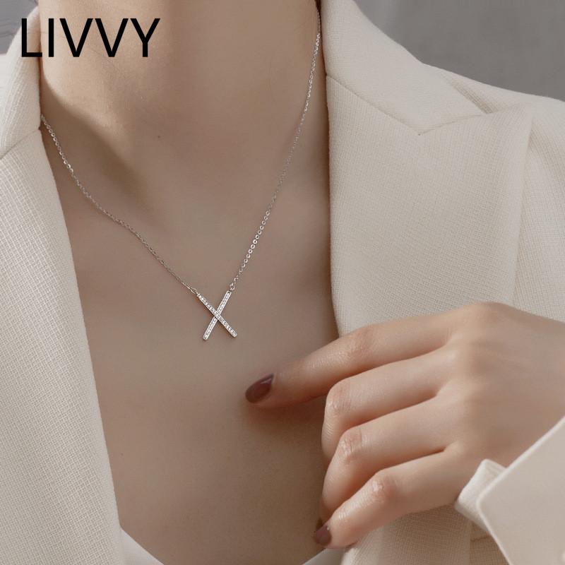 

Pendant Necklaces LIVVY Silver Color Creative Cross Geometric Zircon Necklace Female Simple Clavicle Chain Elegant Gift