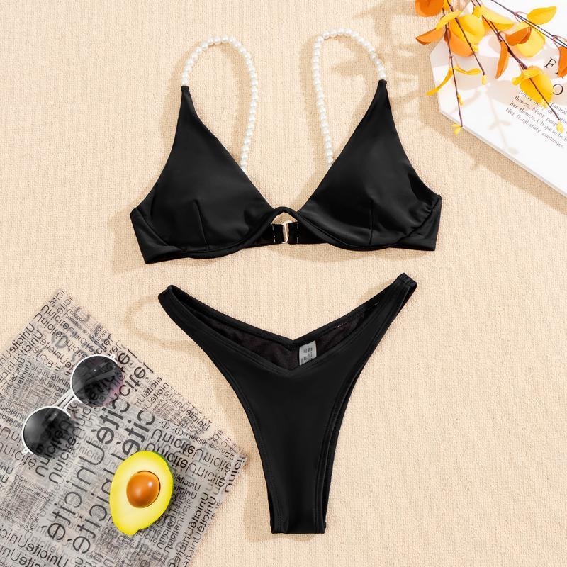 

Women' Swimwear Sexy Pearl Strap Bikini 2021 Women Solid Black Cut Out Push Up Underwire Swimsuit Brazilian Bathing Suit Thong Biquini