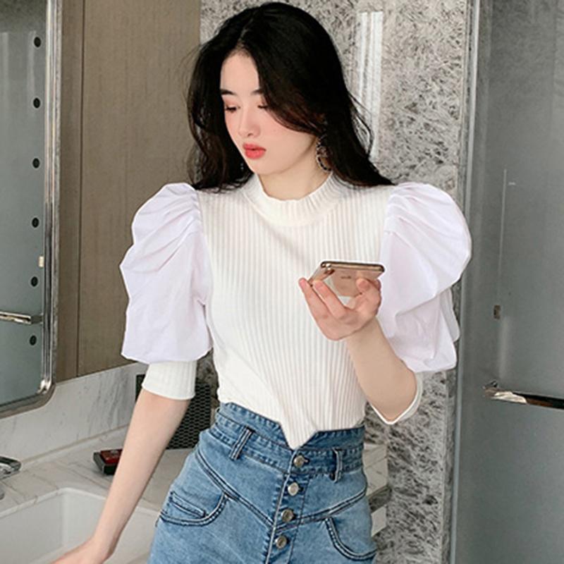 

Women's Blouses & Shirts Loose Designer X289 Puff Sleeve Stretch Knitted Blouse Women Vintage Summer Pullover Patchwork Poplin Ruffles Tops, Black