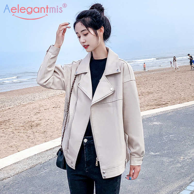 

Aelegantmis Autumn Women Loose Faux Leather Jacket BF Oversized Soft Pu Moto Punk Jackets Zipper Coats Ladies Outerwear 210607, Black