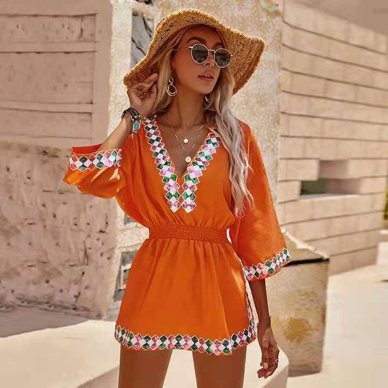 

Women's Swimwear Sequin Embroidery Beach Tunics Bikini Cover Up Kaftan Tunic Dress Robe De Plage Cotton Pareo, White;black