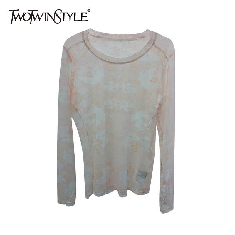 

TWOWINSYLE Minimalist Print Shirt For Women O Neck Long Sleeve Slim Casual Shirts Females Summer Fashion Clothing 210524, Pink