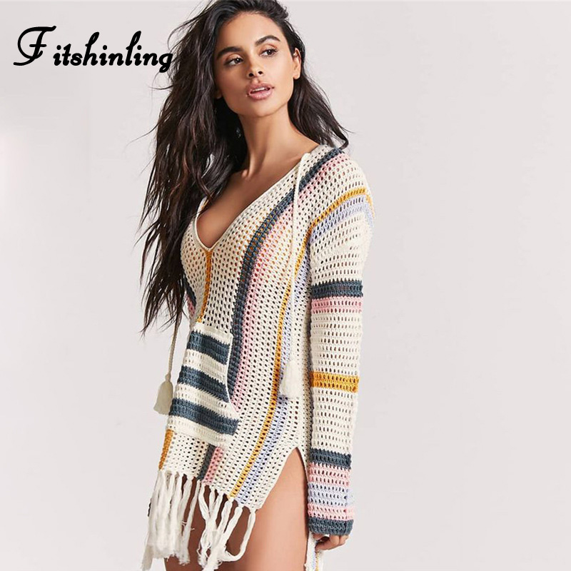 

Fitshinling Multicolor stripe fringe boho dress beach wear knitting poets hollow out sexy pareos long sleeve dresses women new