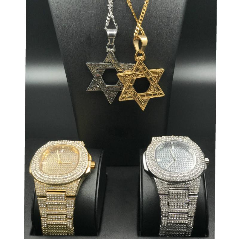 

Earrings & Necklace Luxury Men Gold Color Watch Jewelry Star Of David Pendant Rhinestone Crystal Miami Chain Hip Hop Jewerly For, Silver