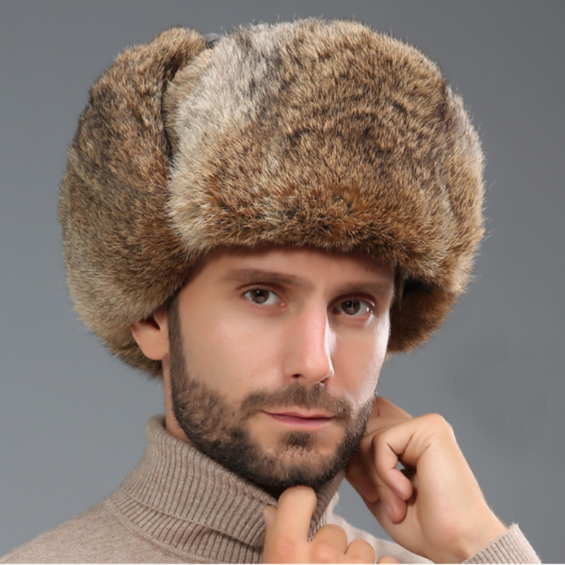 

Thick Warm Bomber Hat Men Real Rabbit Fur Earflap Trapper Russian Cap Male Plus Size Winter Hats for Men Ski Russian Hat, Black