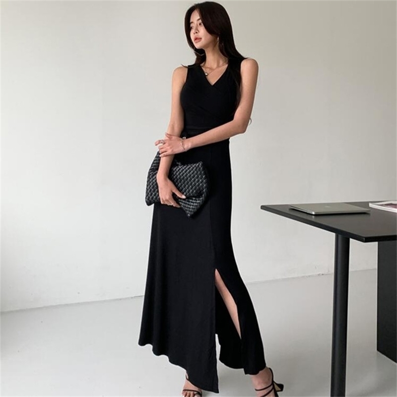 

Summer Long Dress Fashion Elegant Women Sexy Deep V-Neck Wrap Ruched Sleeveless Split Nightclub Party 210603, Picture color