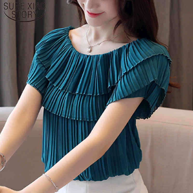 

Fashion Short Sleeve Blouse Female Summer Korean Wrinkled ruffle women tops slash neck chiffon blouse 4636 50 210423, Lake blue