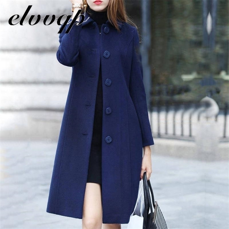 

Fashion British Solid Button Woolen Coat Women Plus Size Long Sleeve Coats Woman Elegant Pocket Slim Outwear Mujer 211110, Burgundy
