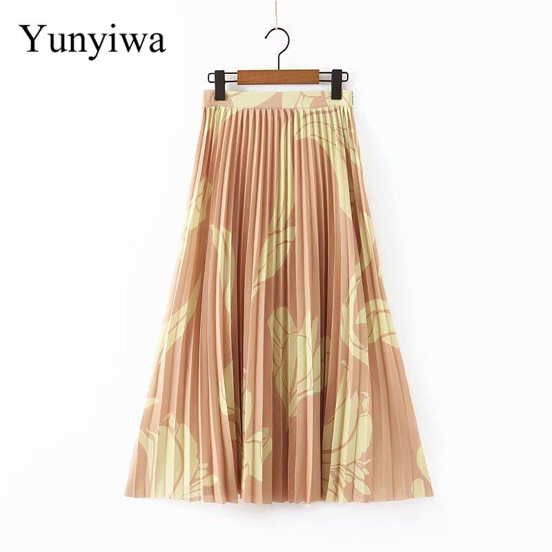 

Skirts 2021 Women Fashion Printing Pleated Midi Skirt Faldas Mujer Female Side Zipper Chic Vestidos Casual Mid Calf, As picture