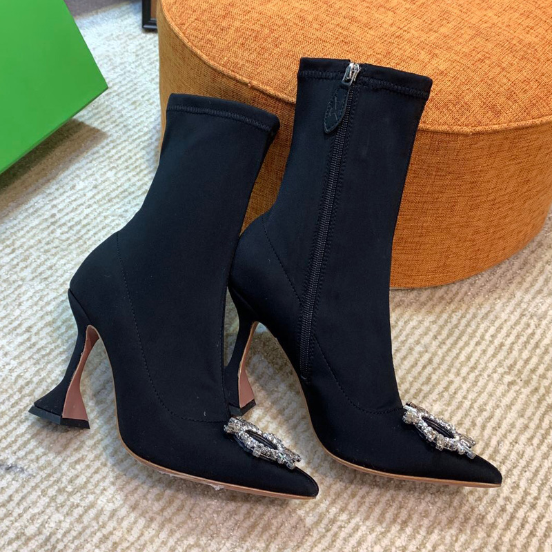 

2021 Luxury Designer Boots Autumn and winter Sunflower Rhinestone 95mm goblet zip latest fashion Black stretch boot Crystal Embellished Satin Sock Large Size 35-42