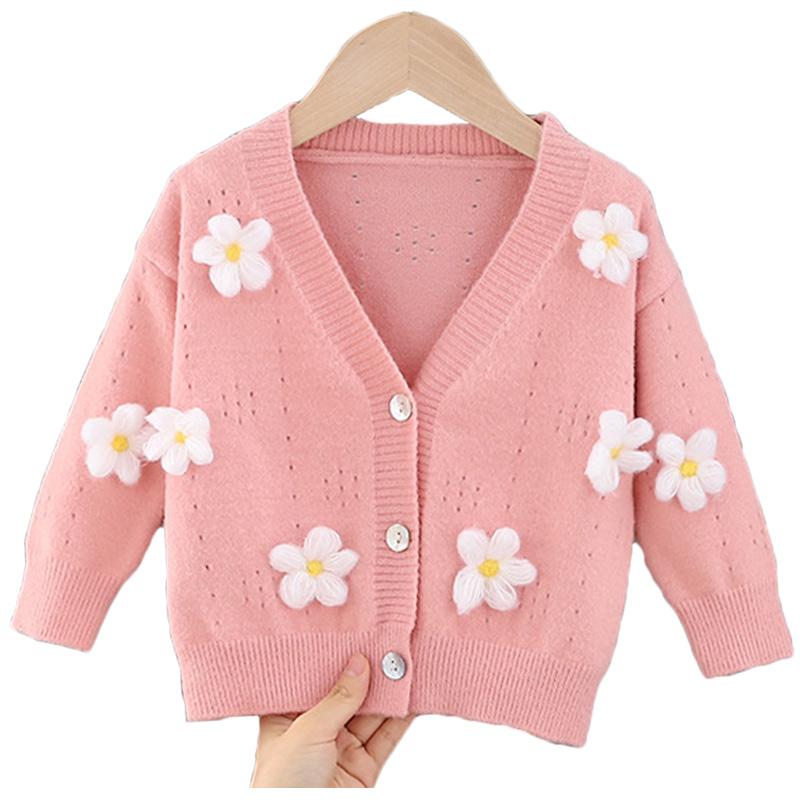 

Pullover Autumn Baby Girls Sweater Ins Spring Hand Embroidery Cardigan Toddler Girl Eyelet Knitting 2021 Kids Clothes, Sky blue