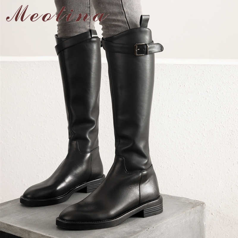 

Meotina Winter Riding Boots Women Natural Genuine Leather Thick Heel Knee High Boots Zip Buckle Round Toe Shoes Lady Fall 34-39 210608, Black synthetic lini