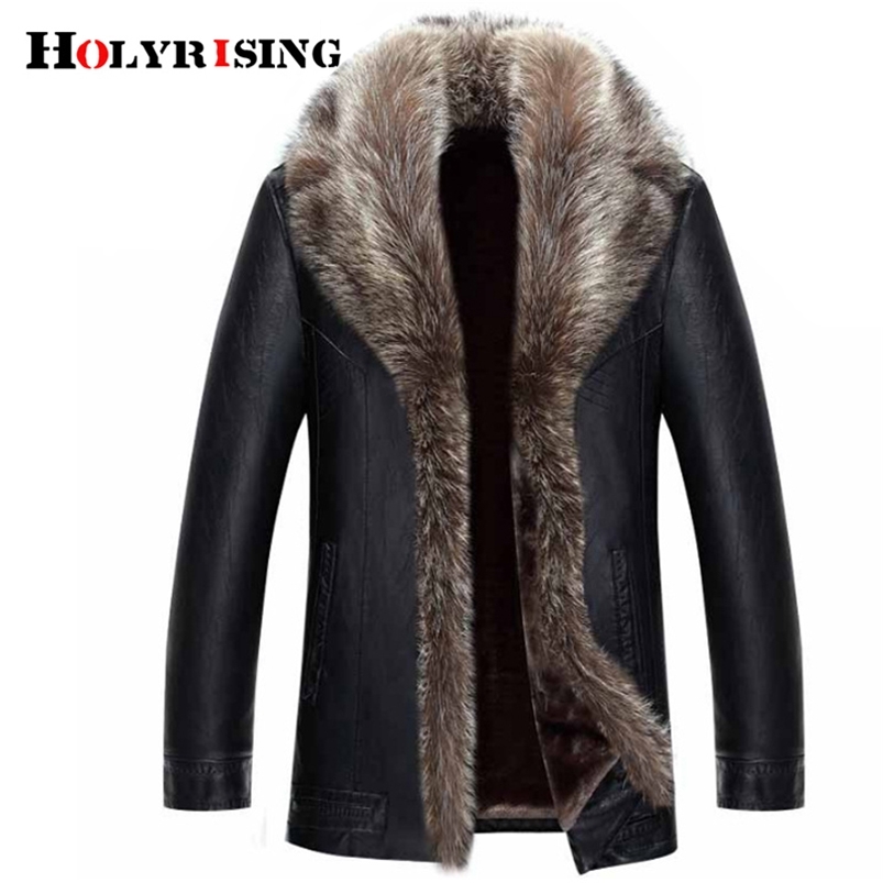 

Holyrising Real Raccoon Fur Collar Men Faux Leather Jackets Winter Thicken Coat jaqueta de couro chaqueta Men PU Leather 18536-5 211111, Brown