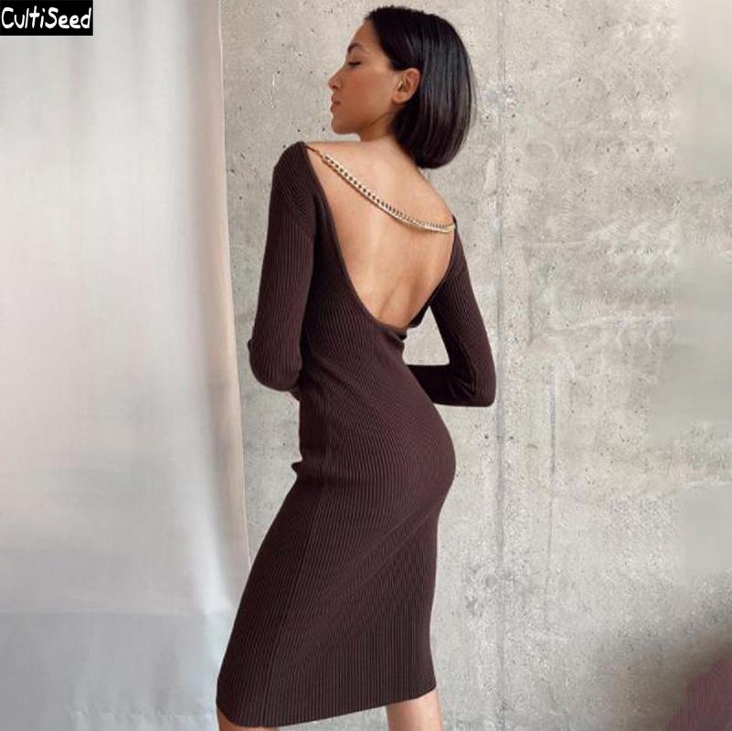 

Cultiseed Women Sexy Backless Metal Chain Nightclub Party Dress Clothing Female Fashion Solid Long Sleeve Slim Hip Gowns Casual Dresses, Black;gray