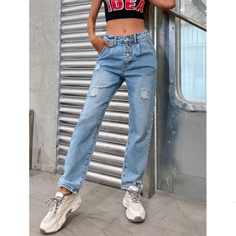 

jeans 2021 loose fitting women's simple high waist straight tube thin versatile pants perforated, Blue