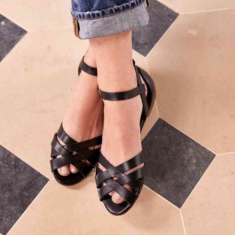 

Women's Ladies Cross Strap Ankle Buckle Sandals Roman Shoes Women Sandals Fashion Peep Toe Summer Shoes Woman Flats L0322, Black