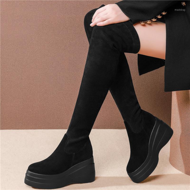 

Boots Thigh High Creepers Women Cow Leather Wedges Heel Over The Knee Female Stretchy Velvet Slim Leg Fashion Sneakers, Black