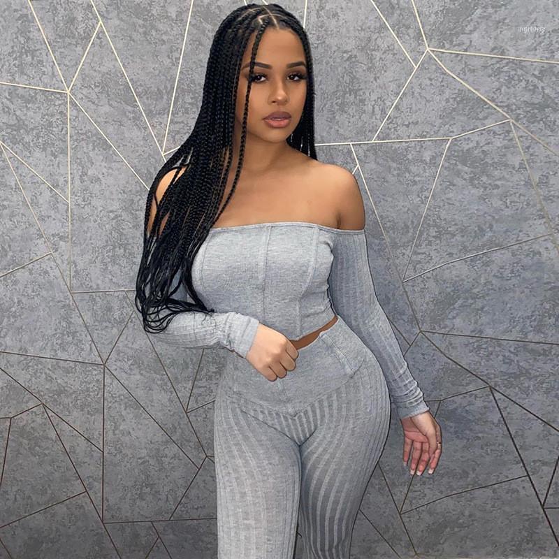

Women' Tracksuits 2021 Autumn Winter Two Piece Set Women Solid Bodycon Sets Woman Slash Neck Crop Top Slim Pants Fashion Suit Set1, Gray