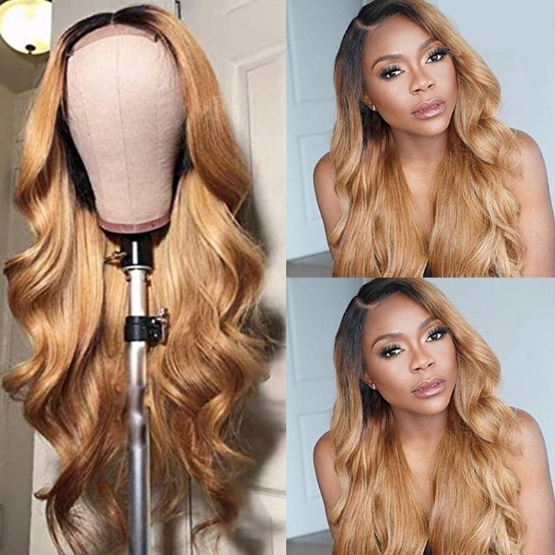 

medium Women's long wig curly black gold brown gradually changing color large wave rose net chemical fiber hair, L1081