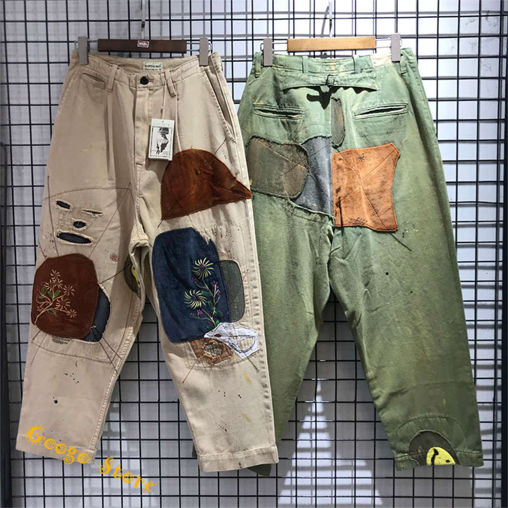 

Skateboard Hip-Hop Hole Damage KAPITAL Pants Men Women 1:1 High Quality Flowers Patch KAPITAL Trousers ArmyGreen Apricot Pants X1218, Black