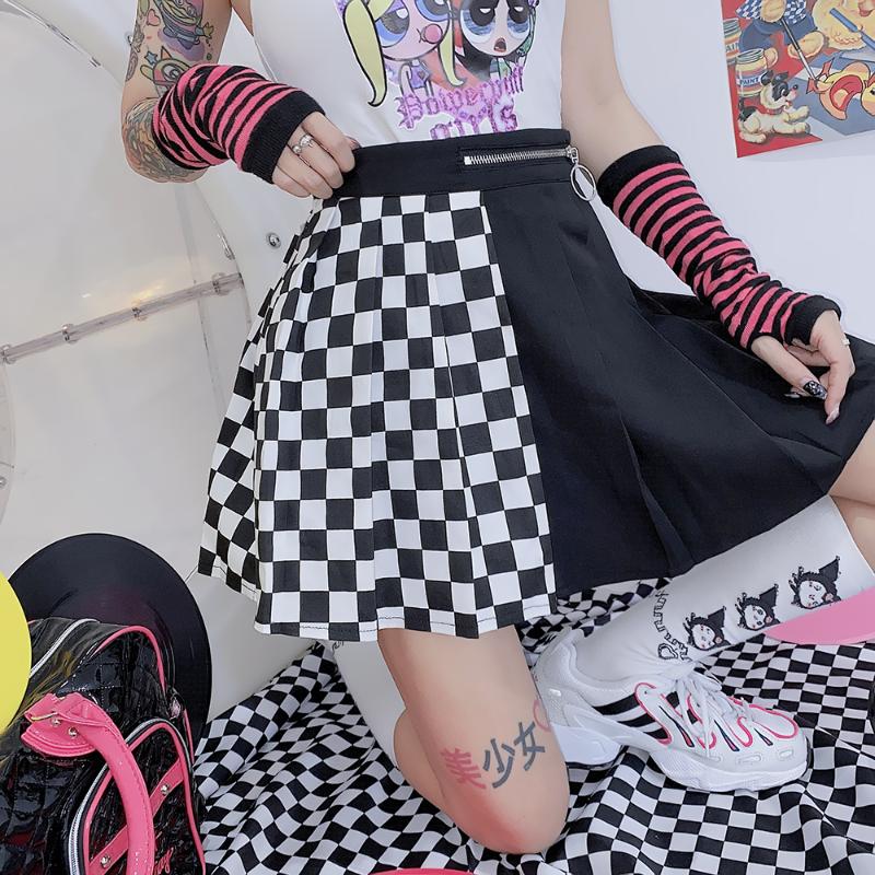 

Japanese Original Sufeng Street Block Black And White Check Color Contrast Zipper Skirt Punk Puff Skirts