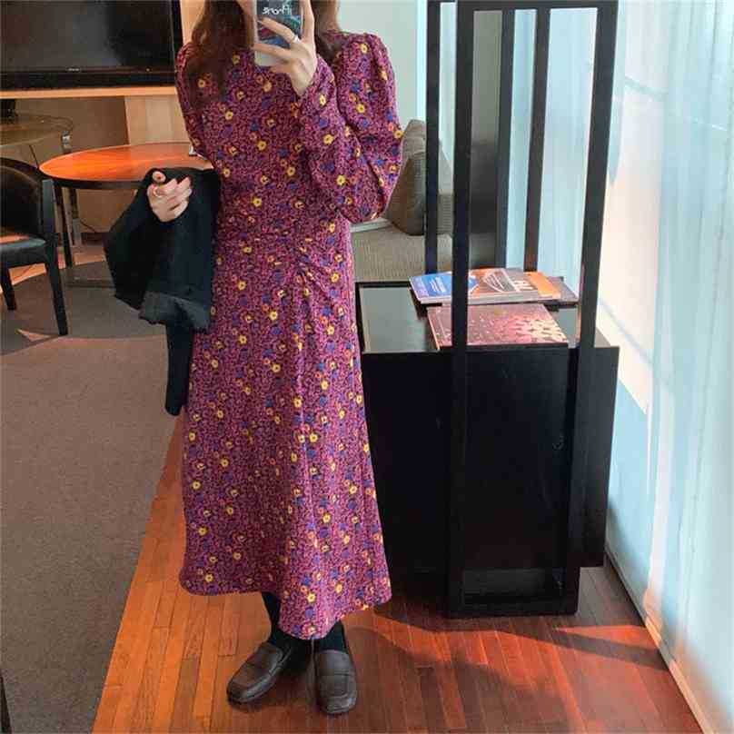 

Rose Red Printed Flowers Chic Slimming Pleated High Quality Brief Vintage Feminine Dresses Vestidos 210525, Photo color