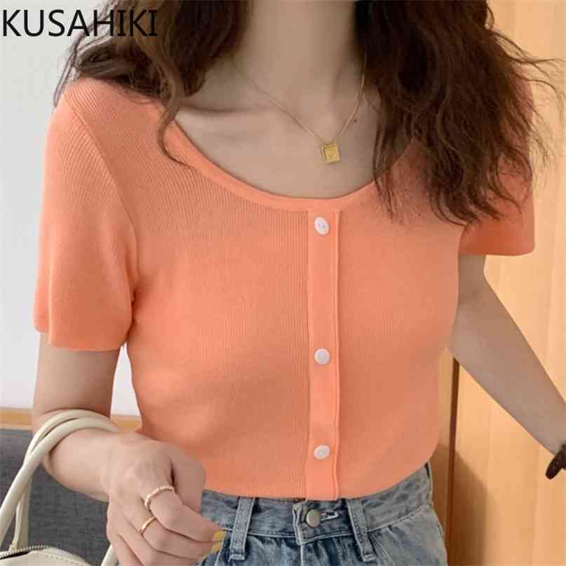 

Short Sleeve Knitted Woman Tshirts Sumemr Slim Basic Tee Tops Korean Solid Fashion Graphic Tees Female Shirt 6J813 210603, Pink