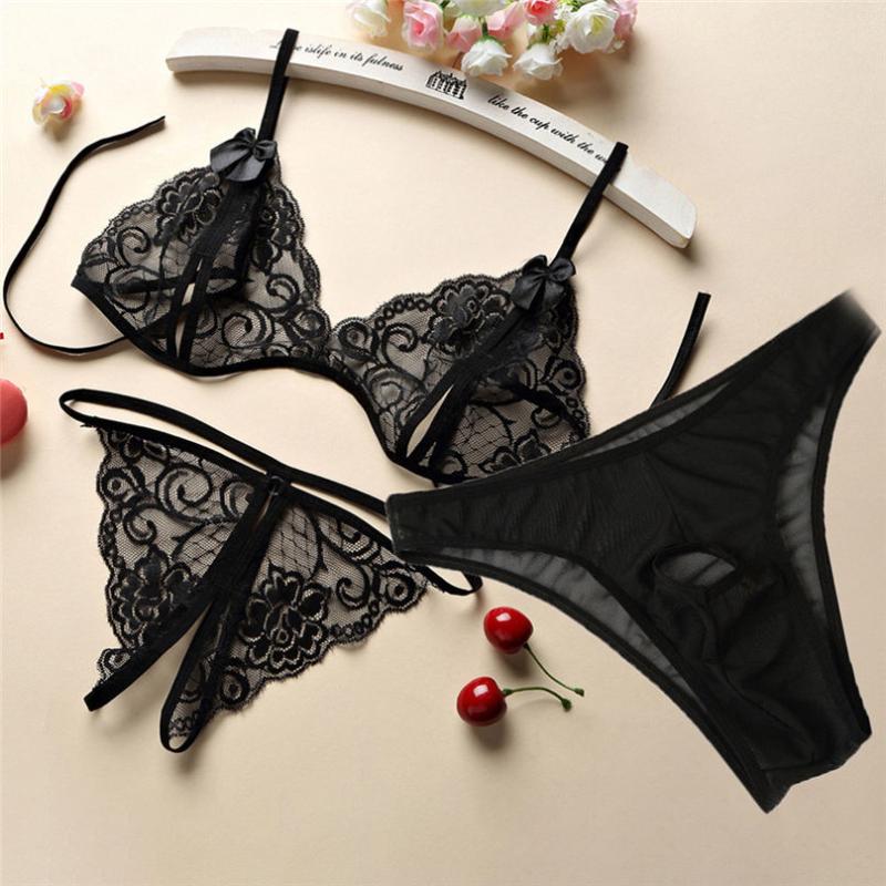 

Bras Sets 3PC Men's And Women's Valentine's Day Couple Sexy Lingerie Lace Transparent Thong Underwear Low-Rise Three-piece 3D27, Black