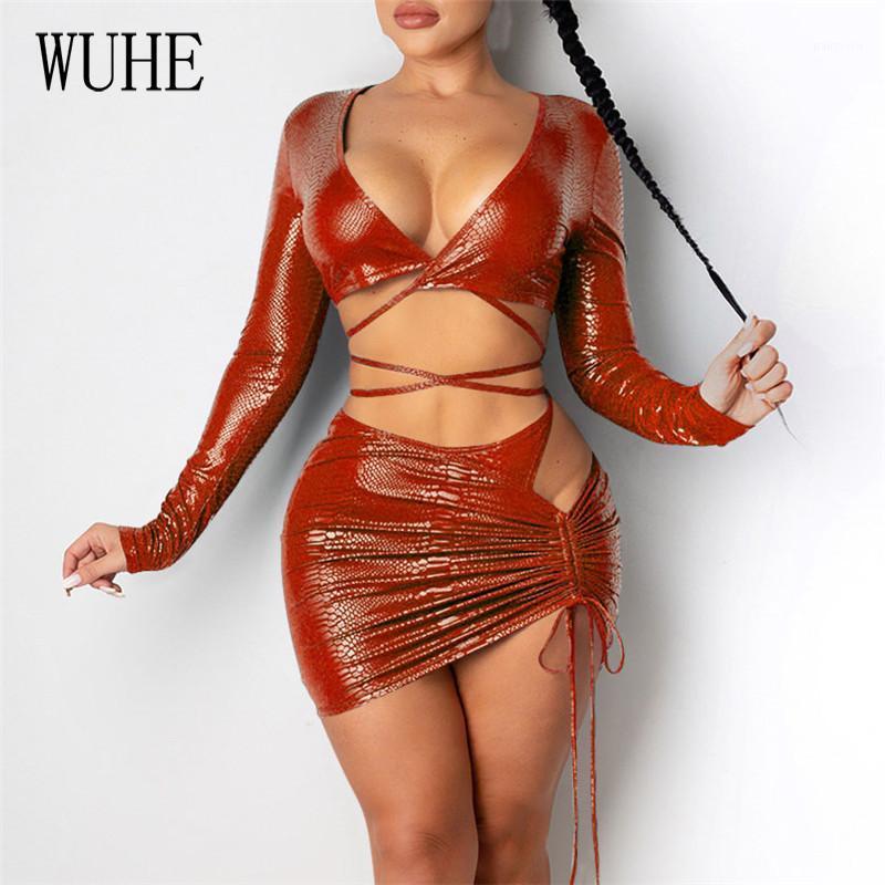 

Nightclub Two Piece Set Sexy Cut Out Deep V Neck Long Sleeve Cross Bandage Short Top + Pleated Side Drawstring Mini Dress, Gray