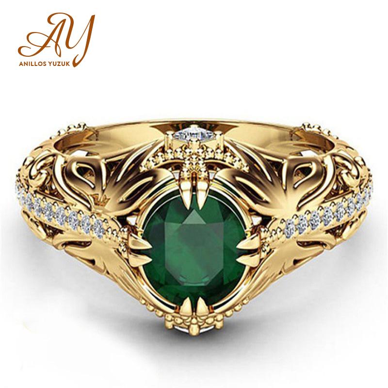 

Cluster Rings Anillos Yuzuk Silver 925 Jewelry Vintage Green Emerald Ring Gold Engagement Wedding For Women Fine Wholesale, Golden;silver