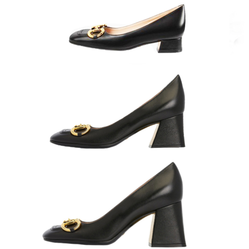 

Women Dress Shoes spring autumn fashion cowhide Square toe Coarser heel high heels 100% leather Metal buckle lady designer heeled boat shoe Large size 35-41-42 With box, Extra shoebox