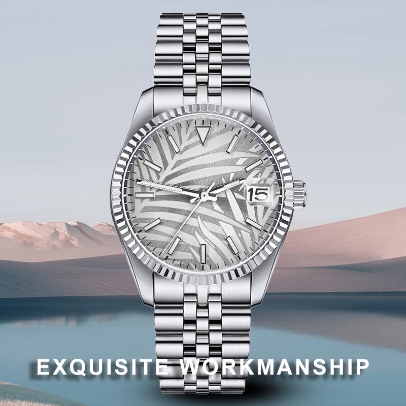 

Wristwatches Watch Datejust NH35 Automatic Movement 36mm Mineral Glass Date Blue Green Luminous Leaf Palm Dial Jubilee Strap White Box