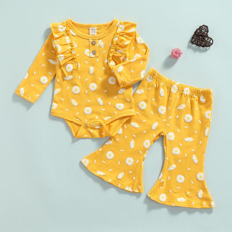 

Clothing Sets Baby Girls Clothes Two-piece Set, Floral Printed Pattern Long Sleeve Romper And Flared Pants Spring/ Autumn 0-24M, White