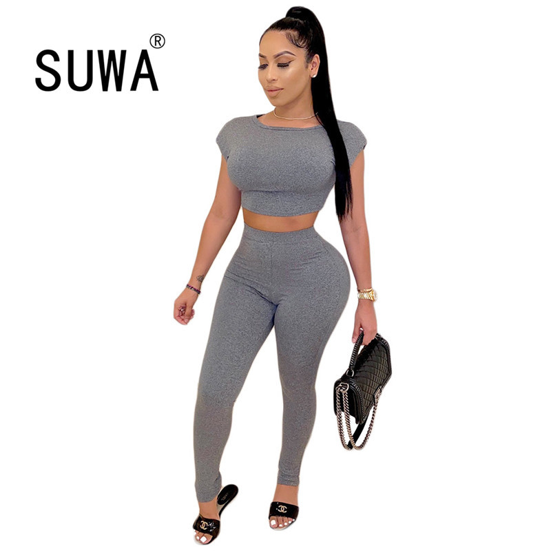 

Active Wear Print Women Clothing Set Short Sleeve Crop Tops Pencil Pants Suit Tracksuit Sportwear Two Piece Fitness Outfit 210525, Gray