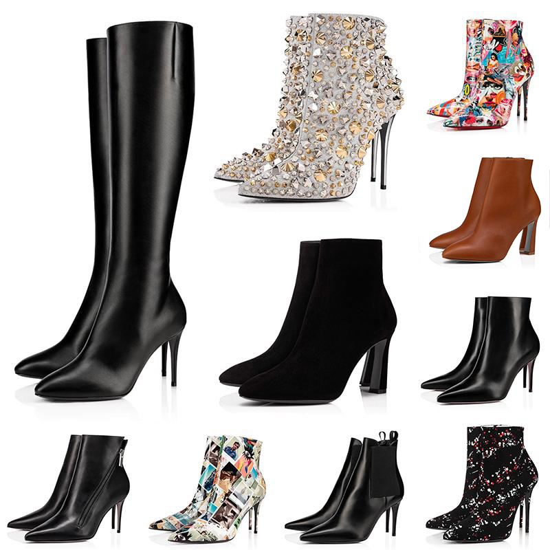 

women Luxurys Designers tall Ankle Boots booties red bottom So Kate 8 10 12cm Booty thin heels chunky pony pointed toes Velvet leather winter fashion, C15 8 10 12cm