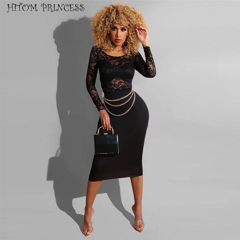 

Casual Dresses HITOM PRINCESS Women Lace Patchwork Bodycon Dress Long Sleeve Elegant Sheath Celebrity Party Sheer Bandage Pencil, Black