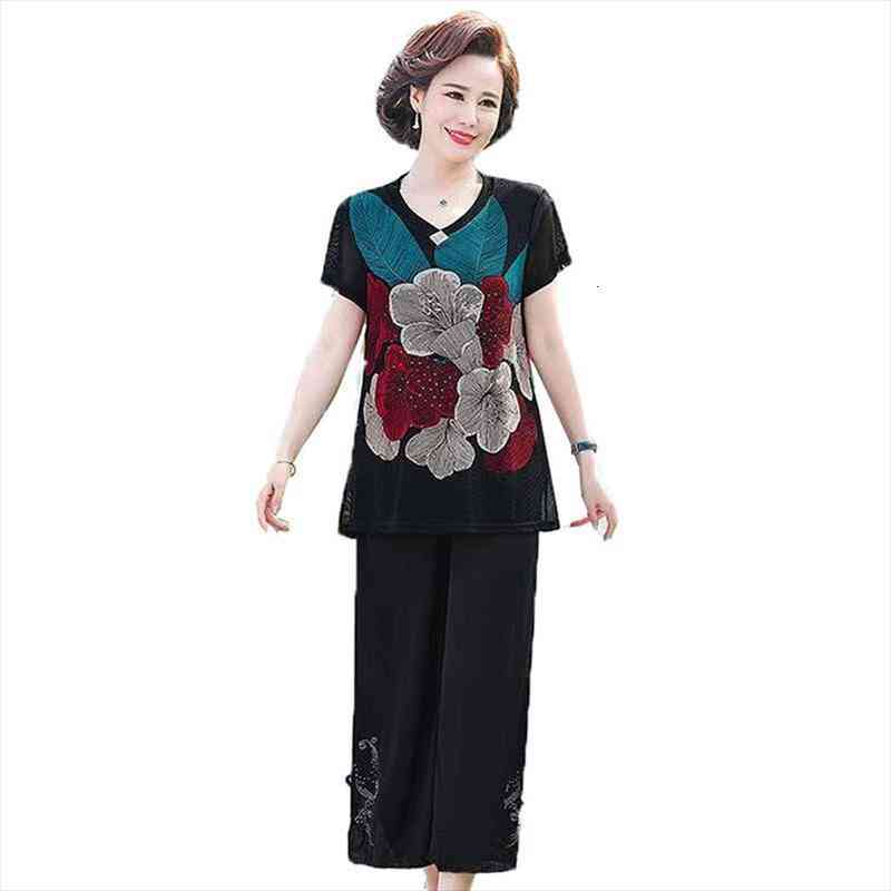 

summer sets middle aged elderly womens pants mothers printing blouse wide leg suits two piece plus size 5xl, White