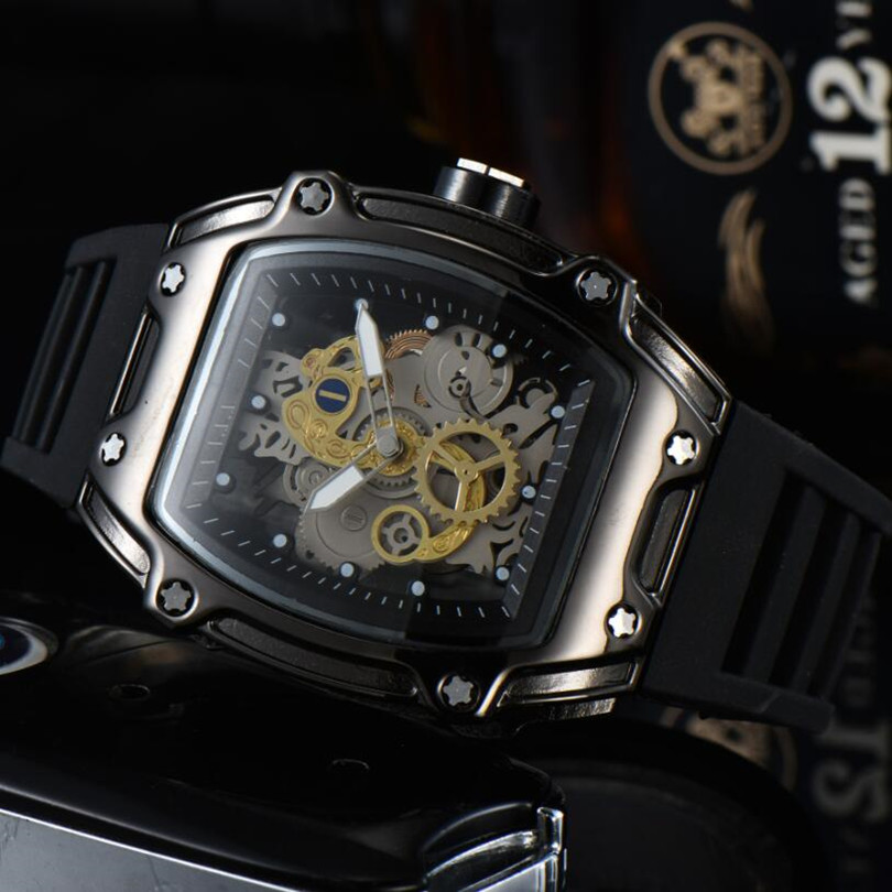 

2021 New Popular men watch top brand mens quartz watches rubber strap motive design skeleton model male luxury wristwatch multi colors blue black red yellow clocks, Gift box