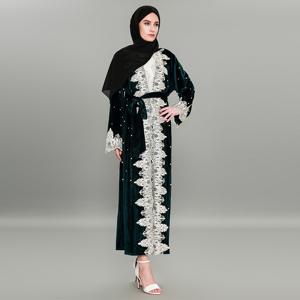 

Elegant Lace Beading Muslim Abaya Women Veet Kimono Long Robe Jubah Caftan Dubai Islamic Clothing Splice Turkish Hijab Dress