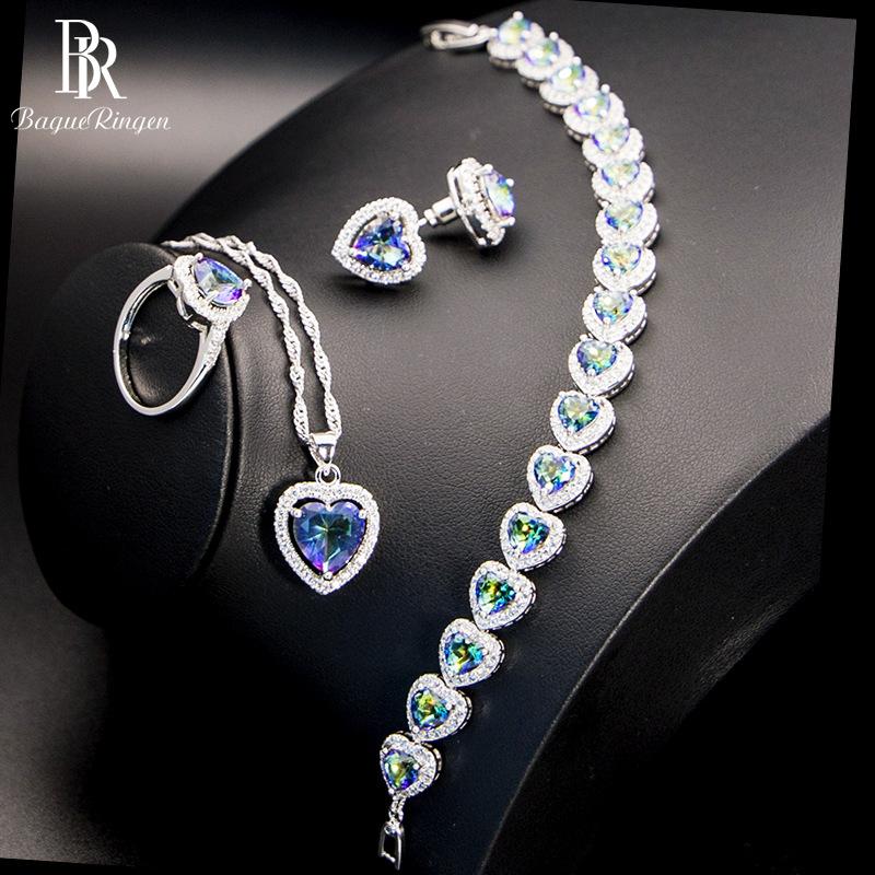

Bague Ringen Heart Shaped Jewelry Set For Women Silver 925 Women's Wear With Gemstones Ring Earrings Necklace Bracelet Bracelet, Black
