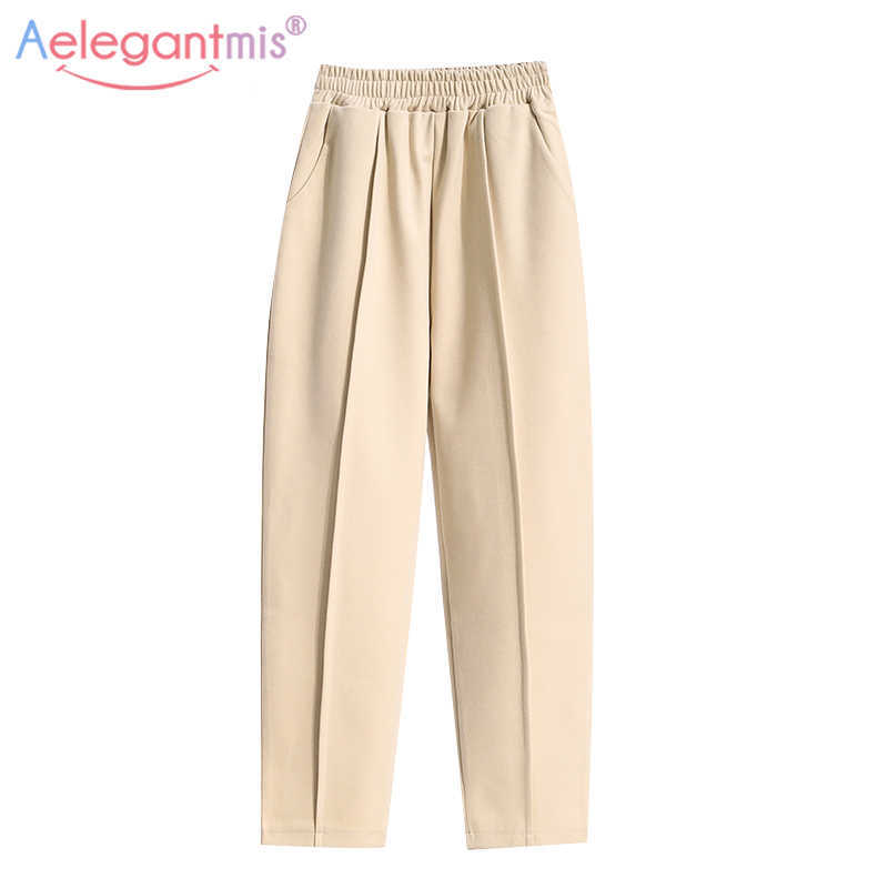 

Aelegantmis Casual Woolen Plus Size Pants Women Office Lady Soft Warm High Waist Harem Loose Straight Trousers Korean Chic 210607, Black