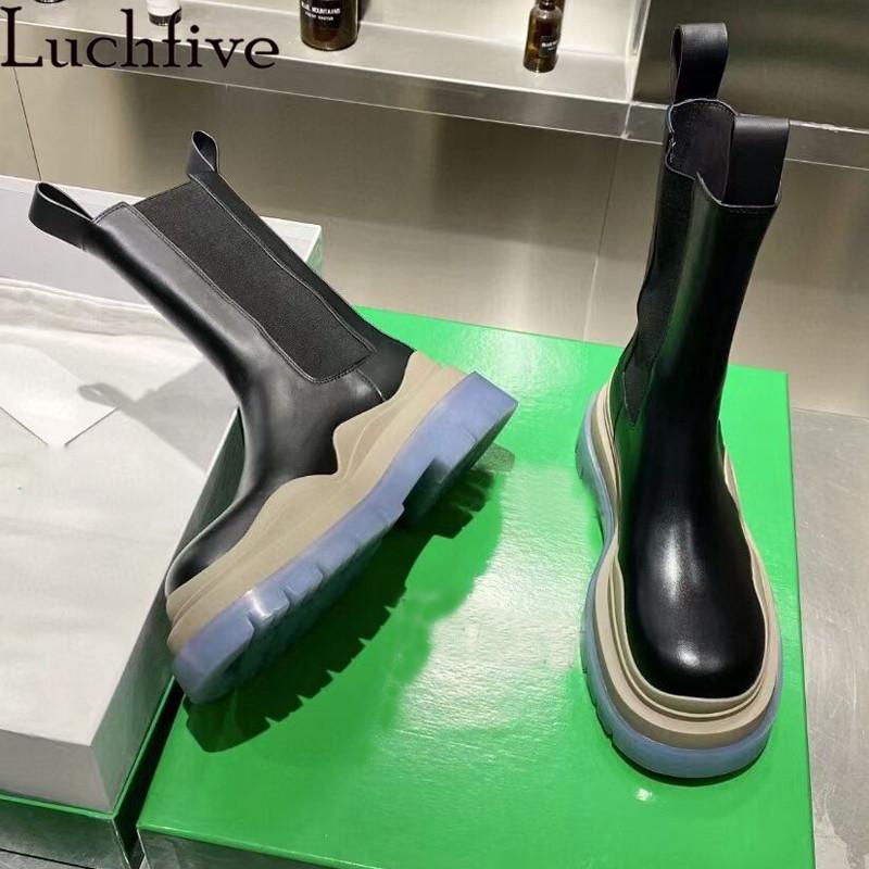 

Multicolor Thick Sole Motorcycle Boots British Style Mid Calf Platform Black Elastic Slip On Fashion Leather