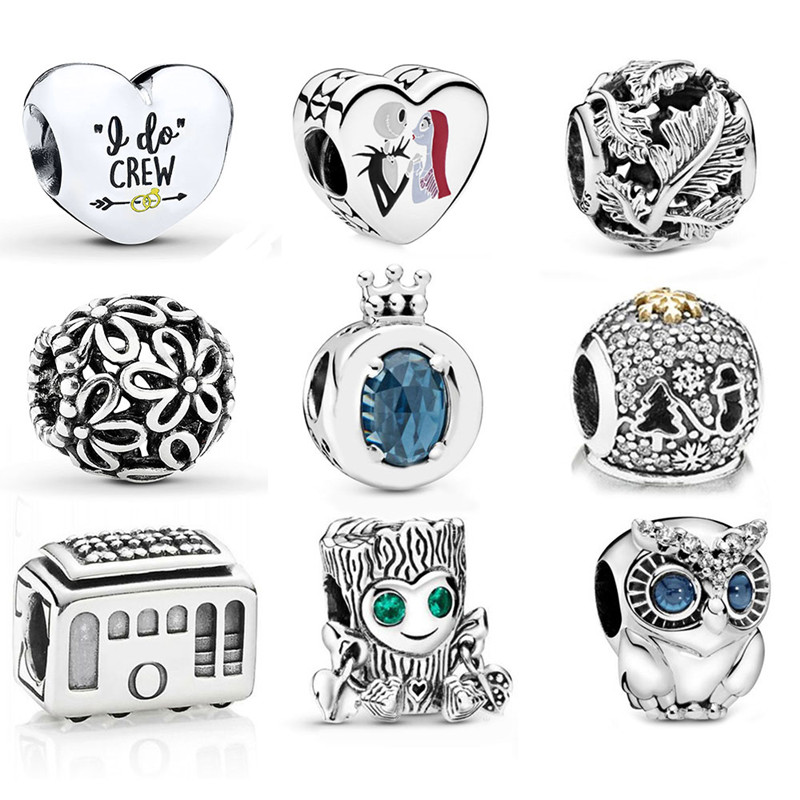 

925 Sterling Silver Blue Sparkling Crown O Charm Sweet Tree Monster Charms Owl Bead Openwork Leaves Cable Car Beads Fit Pandora Style Bracelets Diy Jewelry